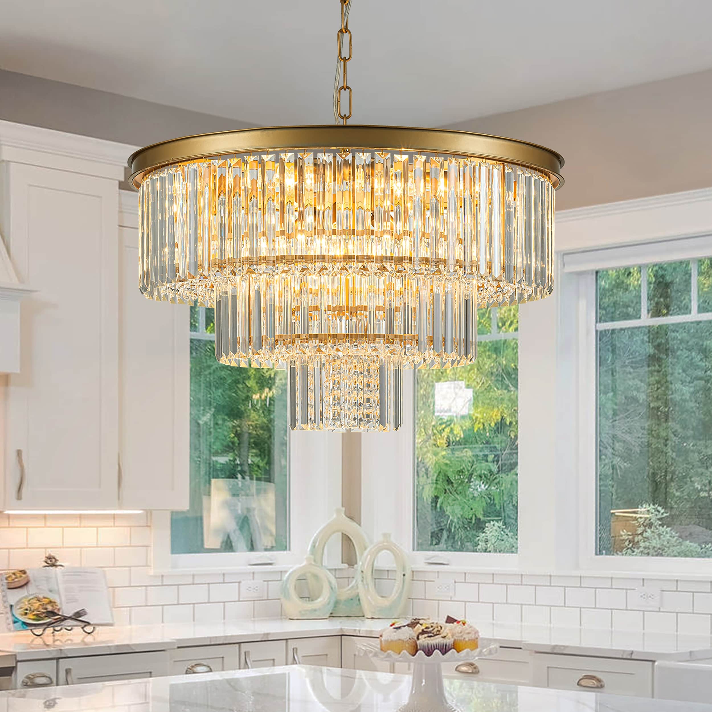 Modern Glam 8 Light 3 Tiers Crystal Chandelier Drum Kitchen Island Pendant 23.62 in