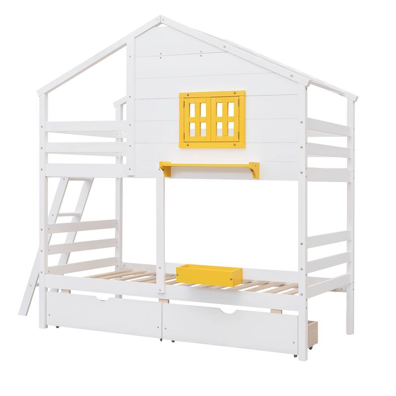 Bunk Bed with 2 Drawers, 1 Storage Box, 1 Shelf, Window and Roof