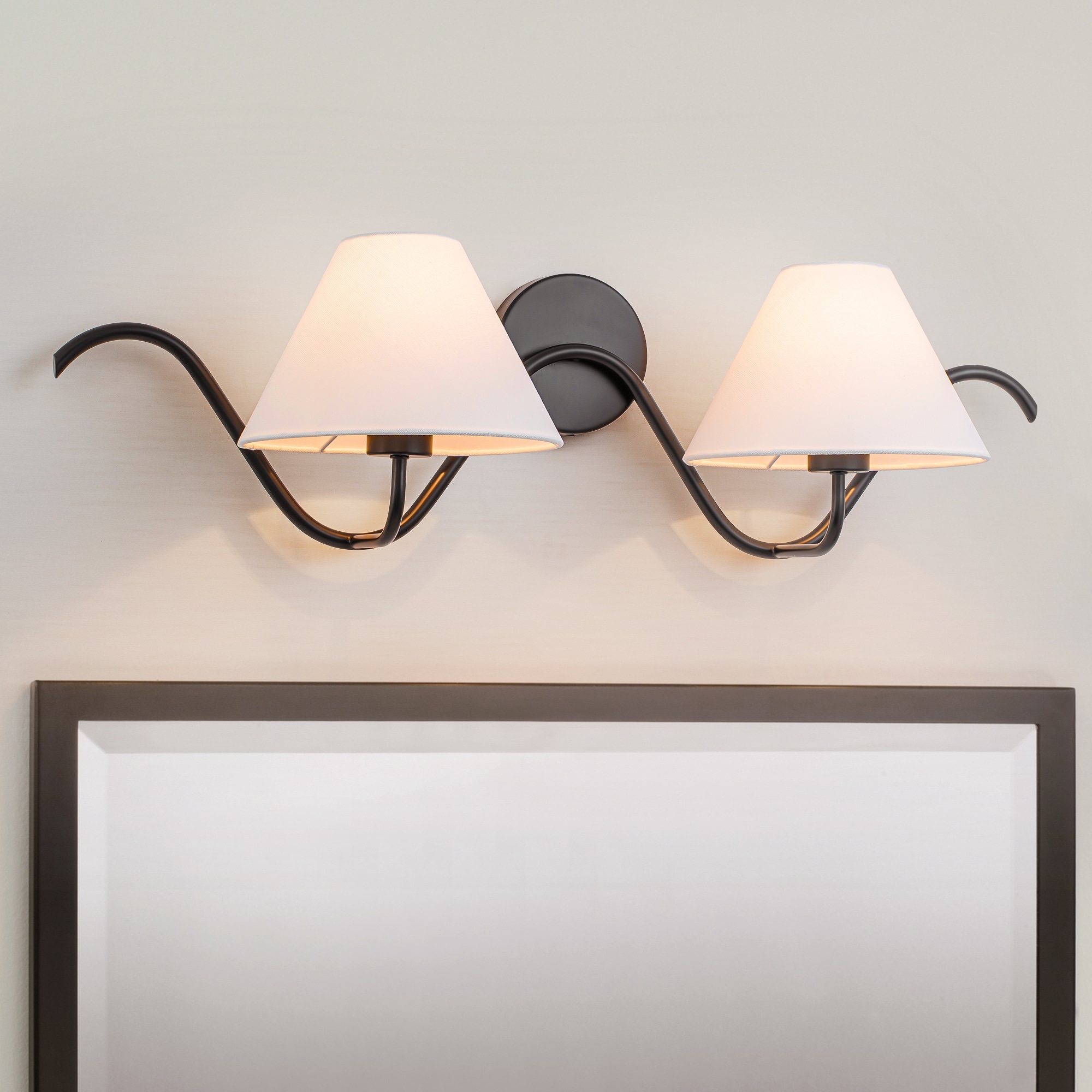 2-Light Modern Vanity Wall Sconce with Linen Shades, Curved Matte Black Arms - 2 light