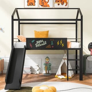 Twin Size Metal House Kids Bed Loft Bed with Slide,Two-sided Board