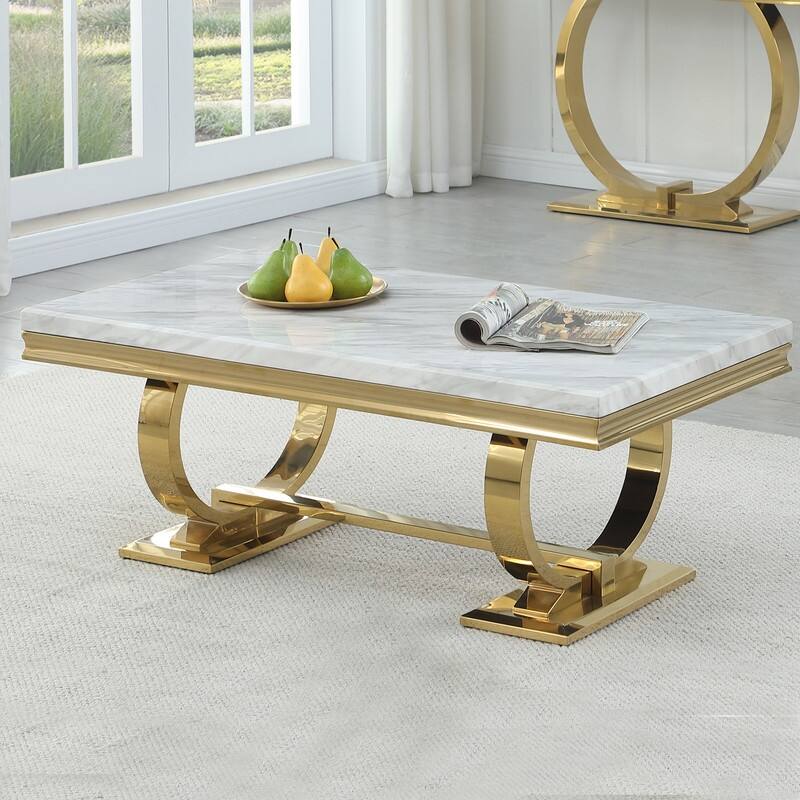Best Master Furniture Erasmus White/Gold Marble Double Ring Pedestal Coffee Table