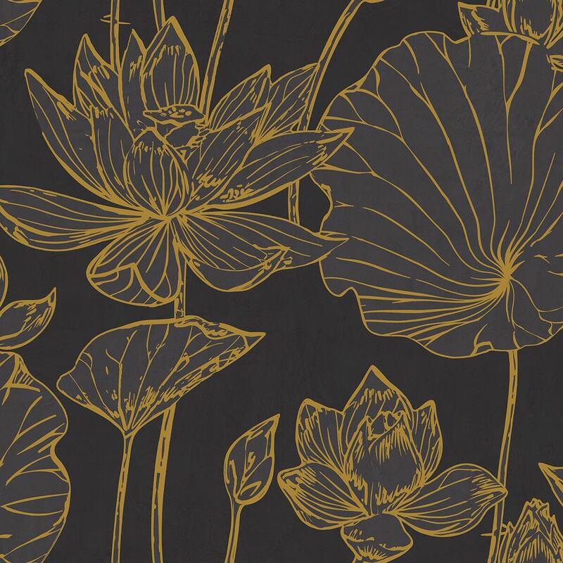 Seabrook Designs Koi Lotus Floral Unpasted Wallpaper - 27 in. W x 27 ft. L - Metallic Gold and Ebony