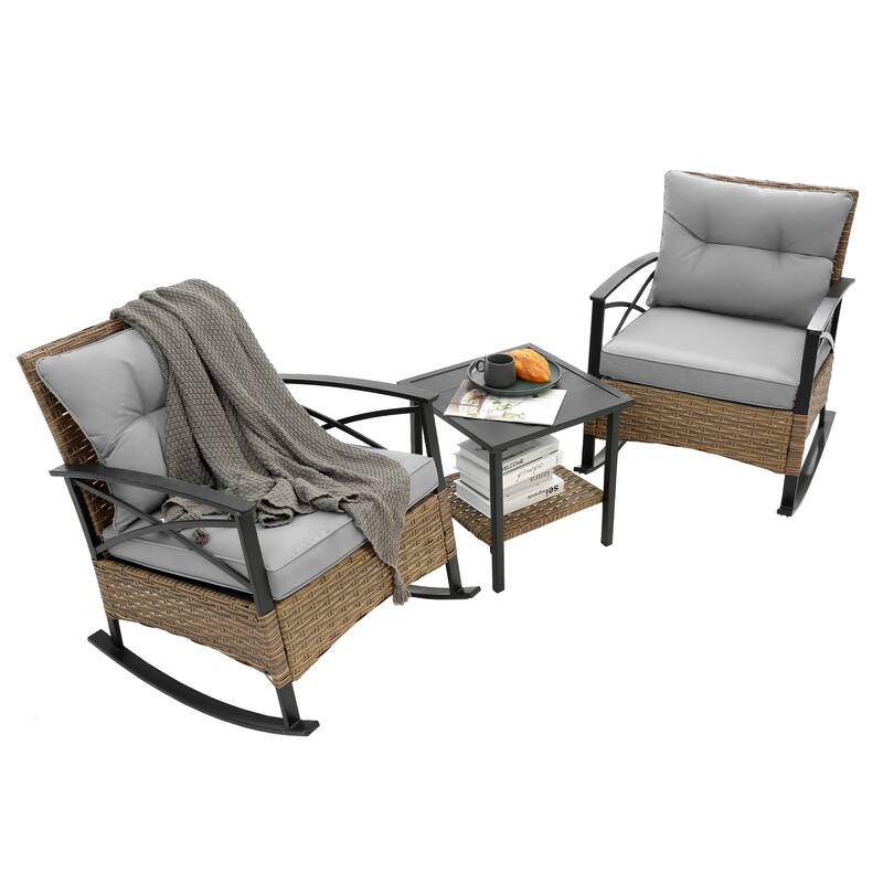 Outdoor Rattan Rocking Chairs Set of 2 for Backyard Porch, 3-Pieces Patio Conversation Sets with Cushions & Side Table