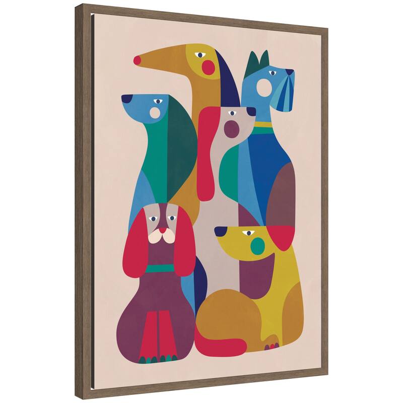 Kate and Laurel Abstract Retro Modern Dogs 02 by Rachel Lee Framed Canvas Wall Art Print - 18 x 24 - Brown