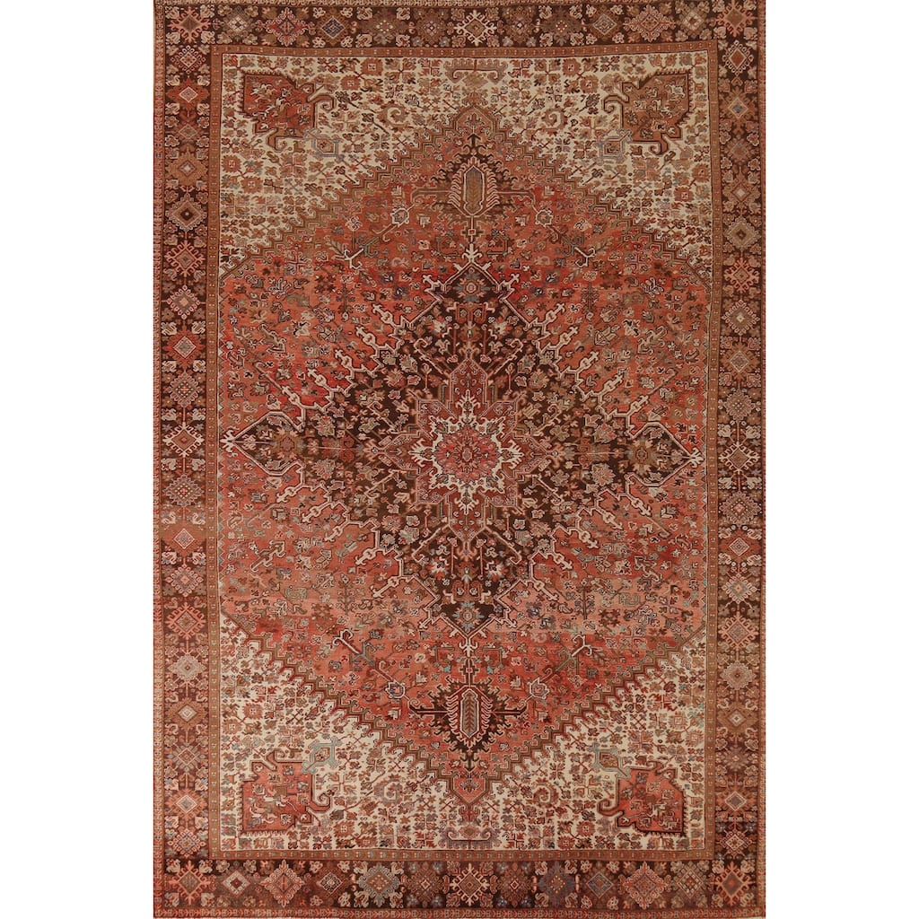 Orange Heriz Persian Vintage Area Rug Handmade Medallion Wool Carpet - 9'7"x 13'0"