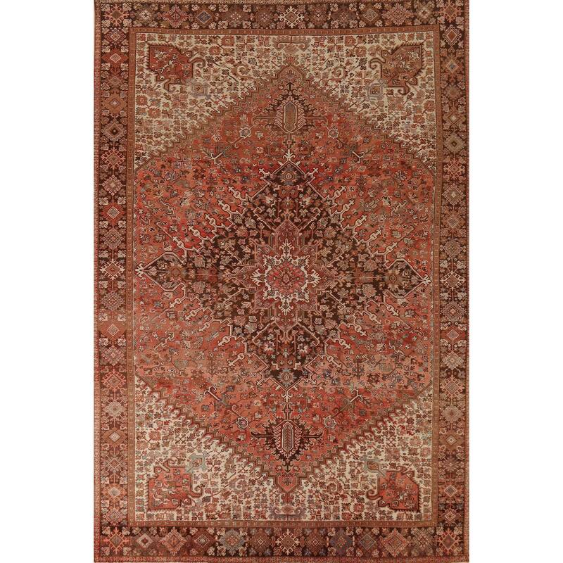 Orange Heriz Persian Vintage Area Rug Handmade Medallion Wool Carpet - 9'7"x 13'0"