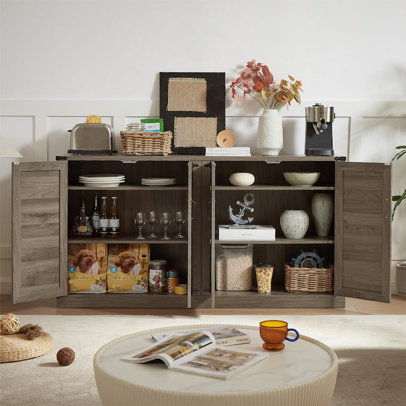 Faux Rattan 4-Barn Doors Sideboard with Adjustable Shelf