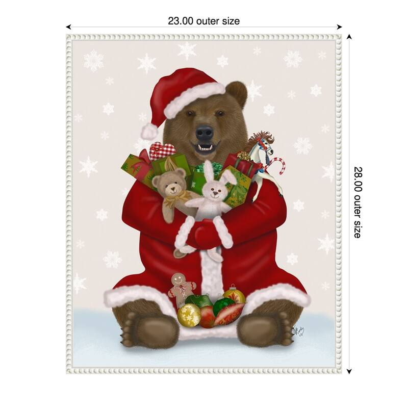 Christmas Christmas Present Bear Hug by Fab Funky (23 x 28 in.), Framed Canvas Wall Art Print - Sylvie Beaded White