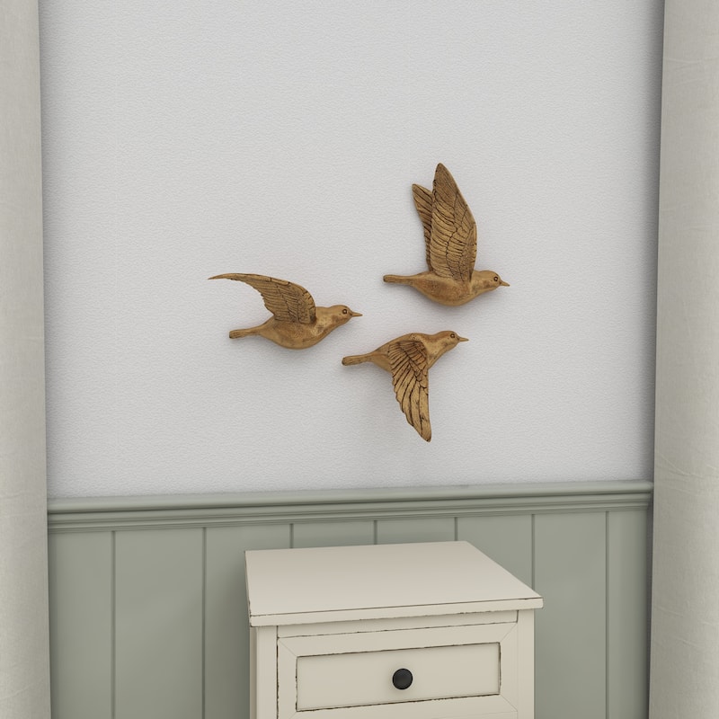 Polystone Weathered 3D Floating Bird Wall Decor (Set of 3) - Dark Brown, Gold, Silver