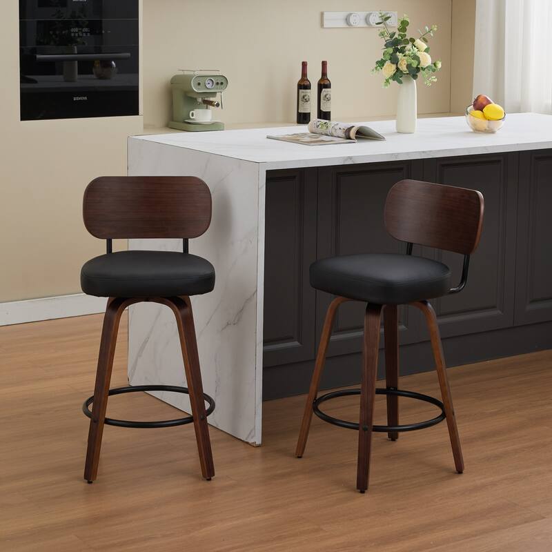Swivel Bar Stools Set of 2, 26" Faux Leather with Walnut Back & Bentwood Legs, Mid Century Modern for Kitchen Counter - Black