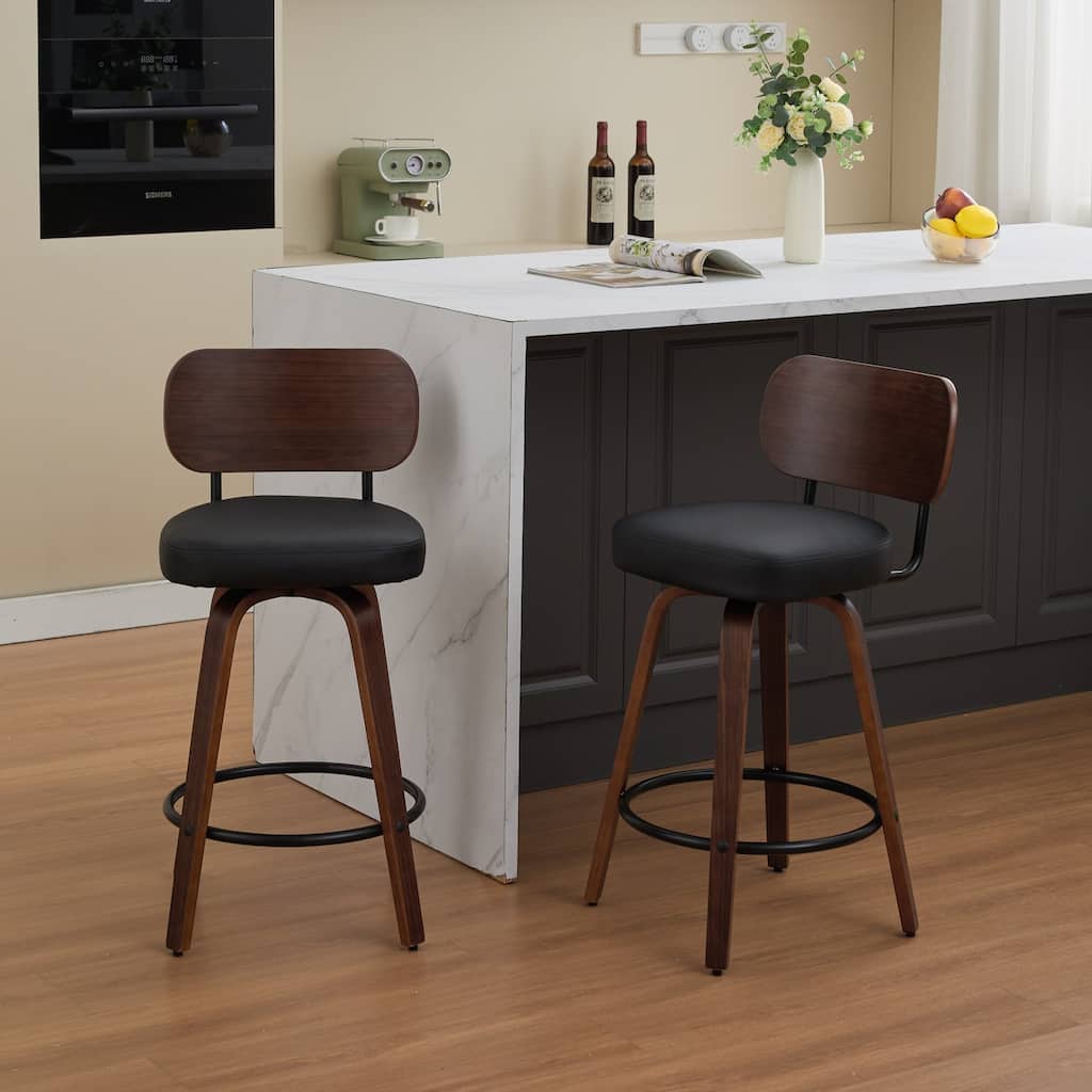 Swivel Bar Stools Set of 2, 26" Faux Leather with Walnut Back & Bentwood Legs, Mid Century Modern for Kitchen Counter - Black
