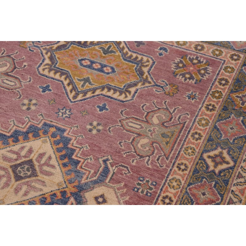 Rustic Kazak Kian Purple/Light Blue Wool Rug - 4'0'' x 5'10''