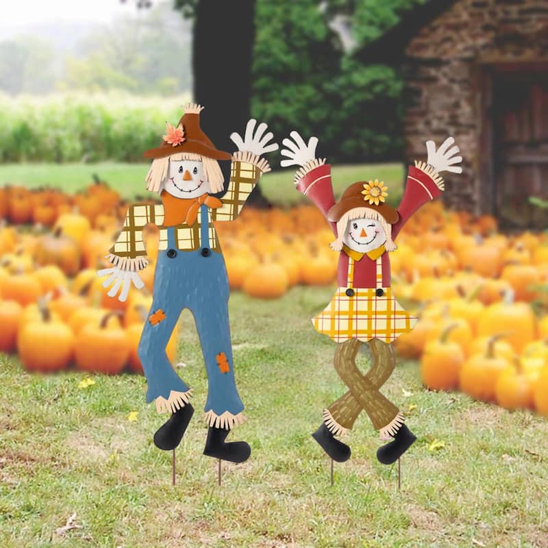 Glitzhome 36"H Fall Harvest Metal Cheerful Scarecrow Girl Boy Yard Stake Thanksgiving Outdoor Decor(Set of 2 )