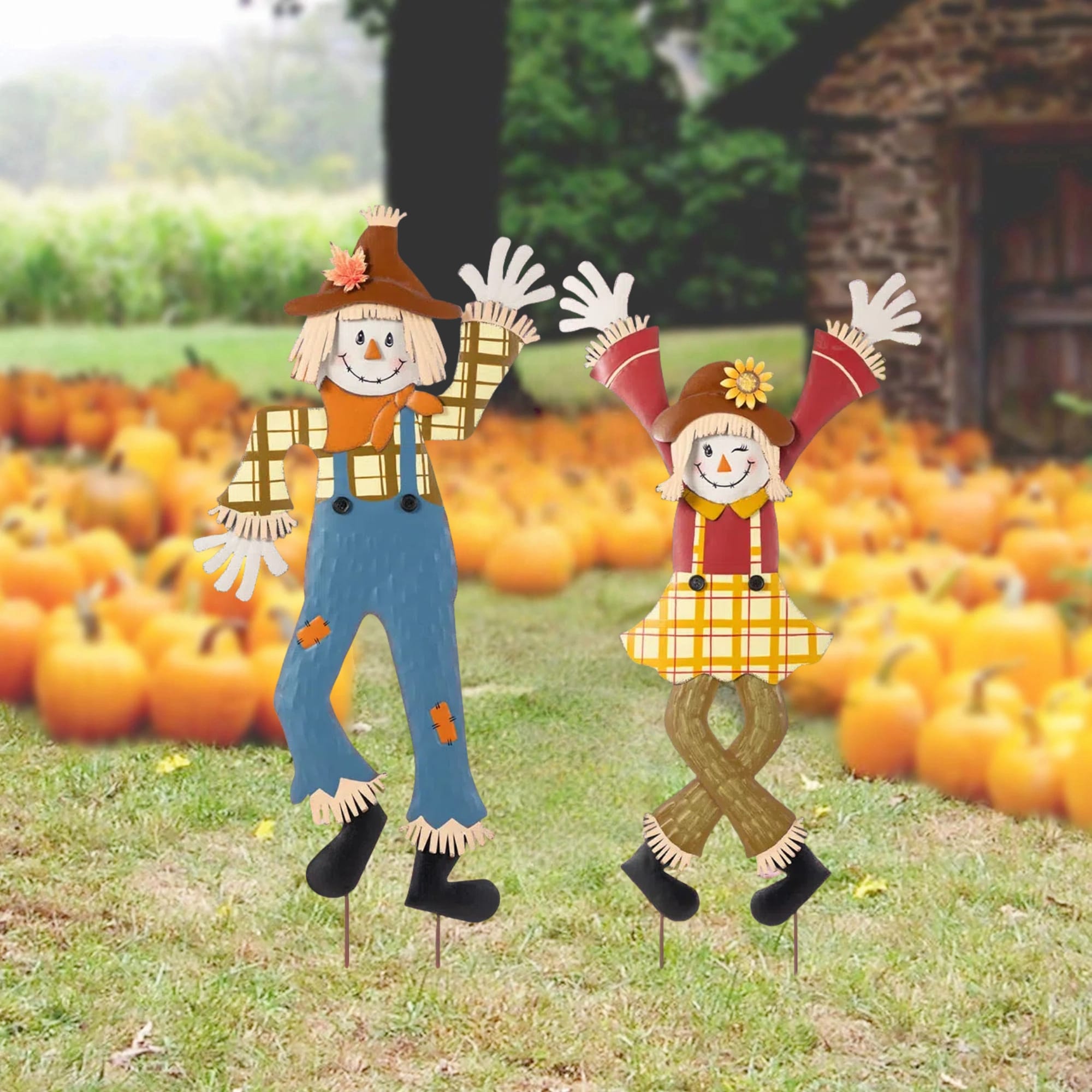 Glitzhome 36"H Fall Harvest Metal Cheerful Scarecrow Girl Boy Yard Stake Thanksgiving Outdoor Decor(Set of 2 )