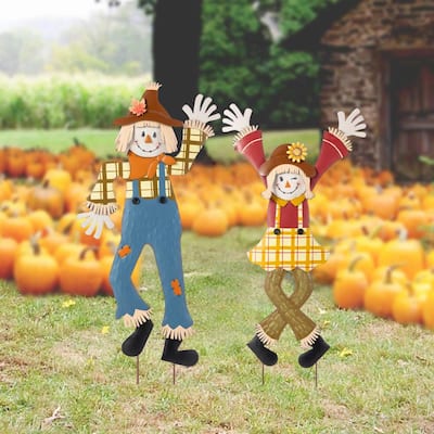 Glitzhome 36"H Set of 2 Fall Metal Cheerful Scarecrow Girl & Boy Yard Stake