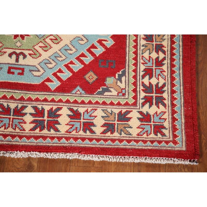 Geometric Red Kazak Rug Hand-Knotted Traditional Bedroom Wool Carpet - 3'4"x 4'10"