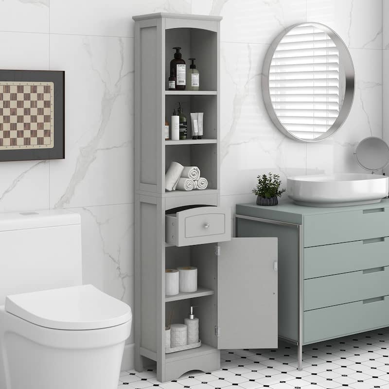 67" Tall Bathroom Storage Cabinet, Modern Narrow Display Cupboard Stand with Drawer and Adjustable Shelf