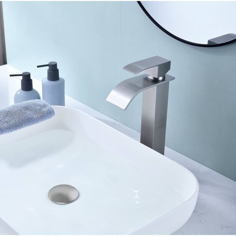 Waterfall Spout Bathroom Sink Single Handle Faucet with Pop-Up Drain (No Overflow)