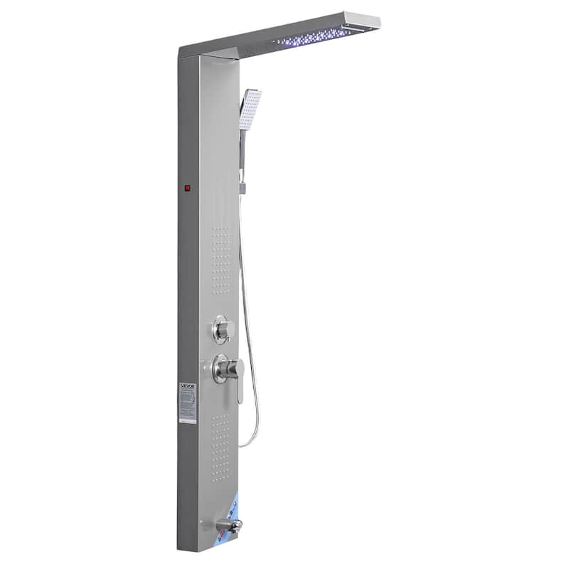 Silver Stainless Steel 5-in-1 Shower Panel with LED Lights, Rainfall and Handheld - 53.0x 7.9x 18.1 inch