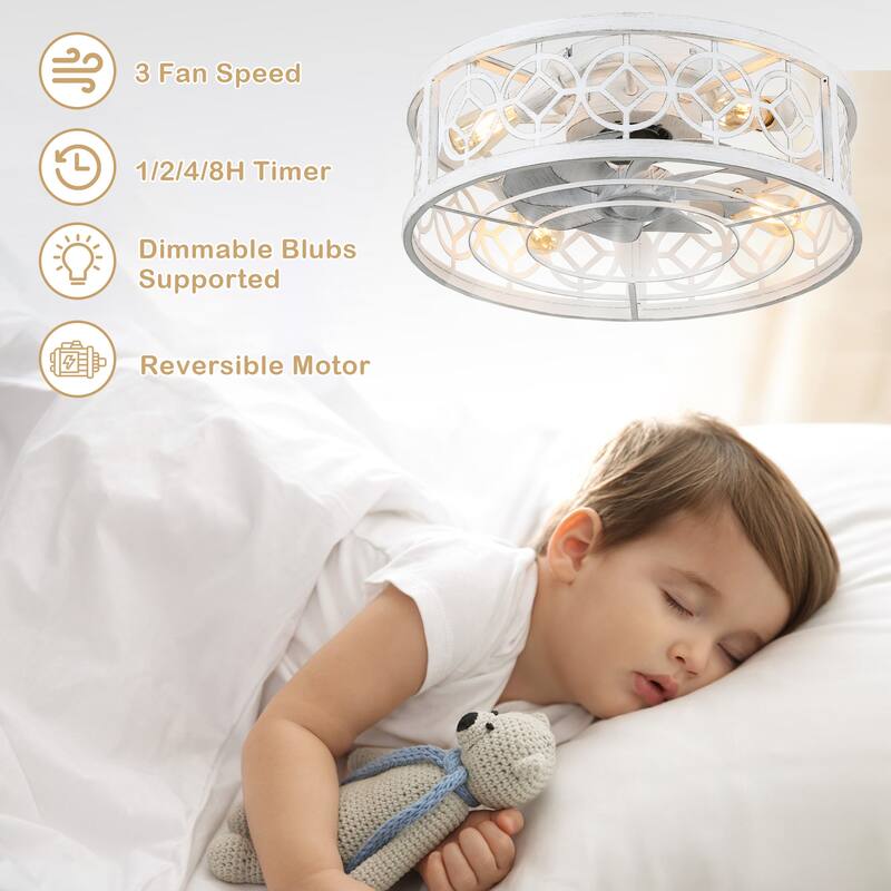 20" Vintage Cream White Caged Light Ceiling Fan, Flush Mount Drum Shaped Classic Ceiling Fan for Bedroom