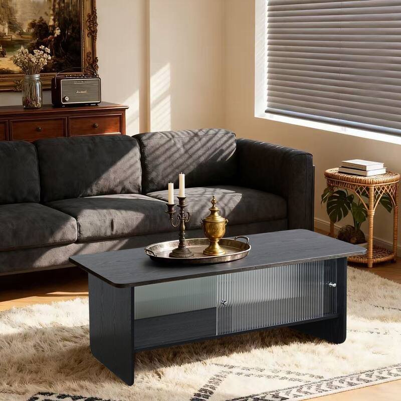 47" Rectangular Modern Minimalist Coffee Table With Glass Sliding Door Storage Center, Suitable For Living Room, Bedroom - Black