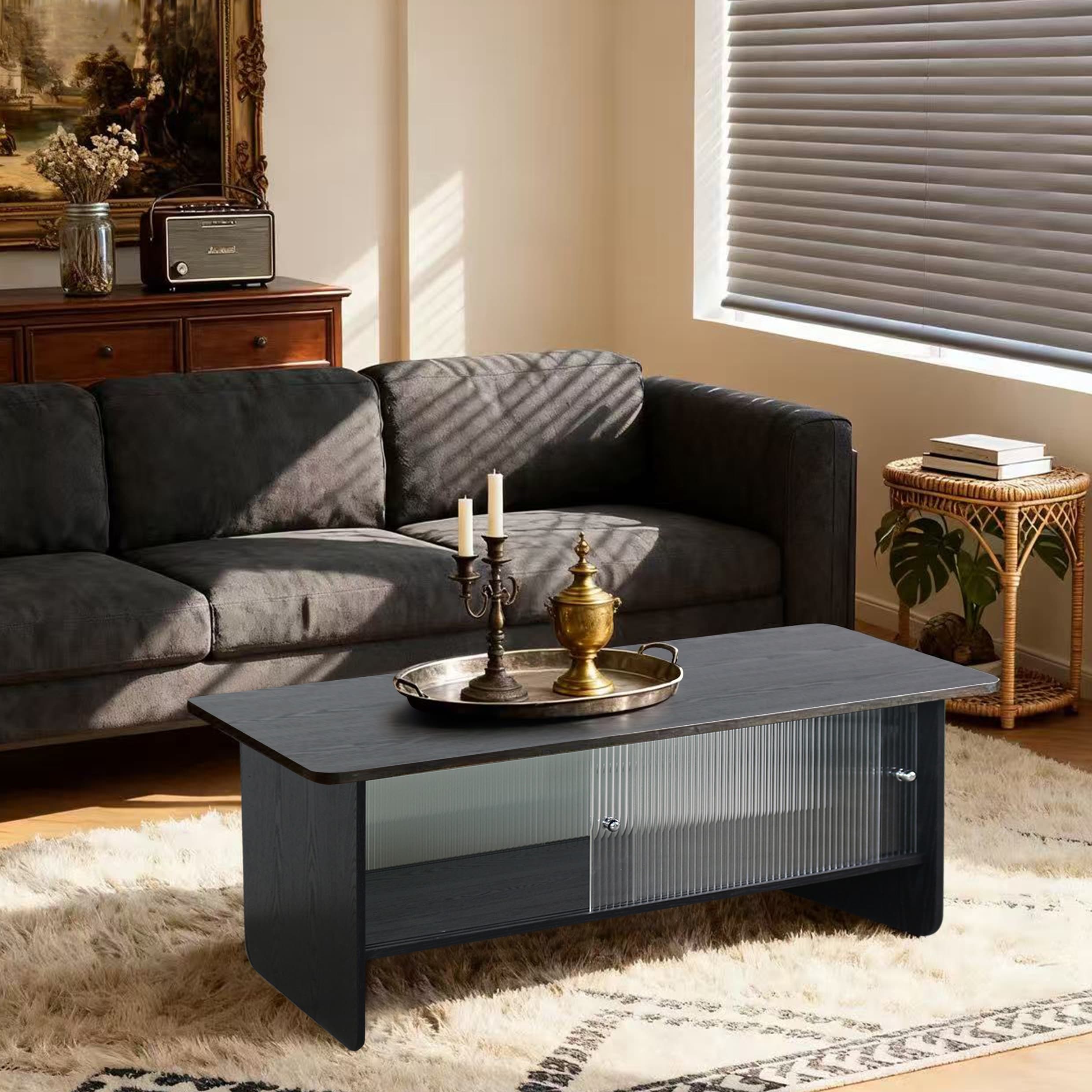47" Rectangular Modern Minimalist Coffee Table With Glass Sliding Door Storage Center, Suitable For Living Room, Bedroom