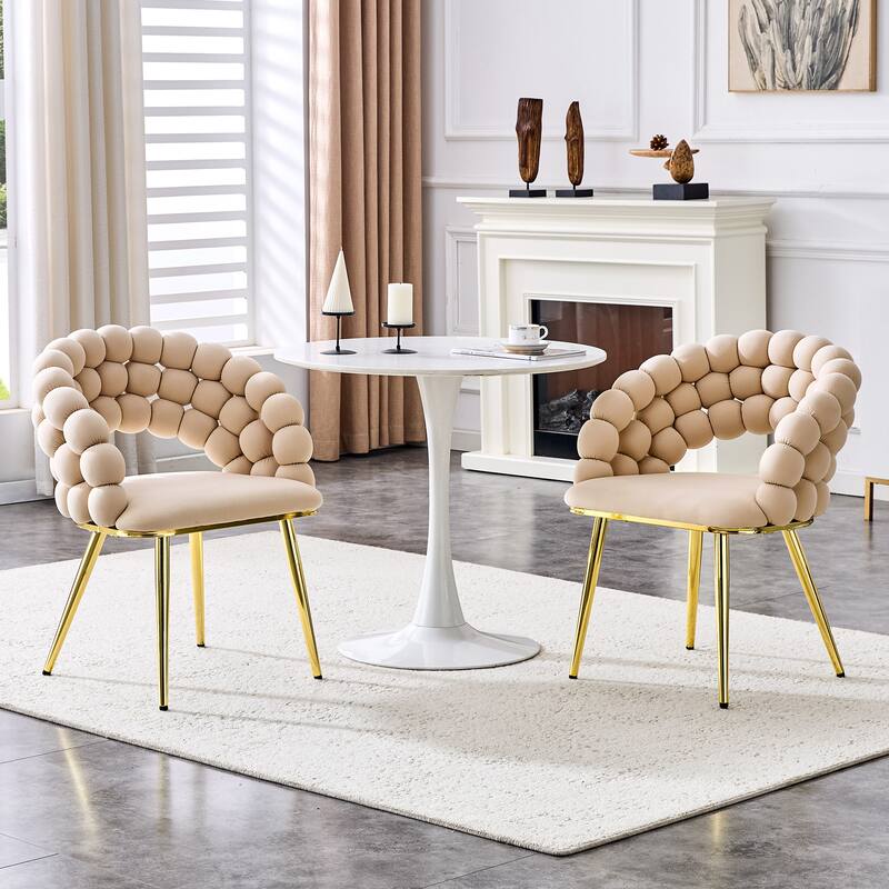 Puffy Bubble Chair Ball Chain Chair Velvet Dining Chairs with Gold Plated Legs, Modern Accent Chairs - Beige