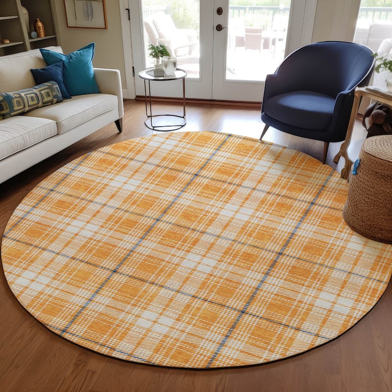 Machine Washable Indoor/ Outdoor Plaid Chantille Rug - Orange - 8' x 8'