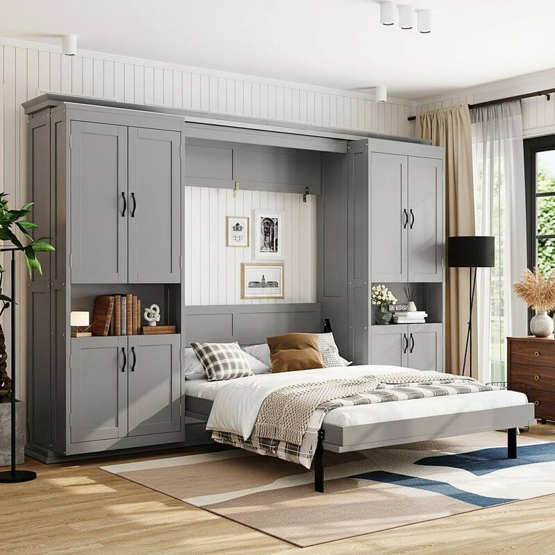 Queen Murphy Bed Wall System with Dual Glide Cabinets & 6-Tier Mega Storage by Harper&Bright Designs