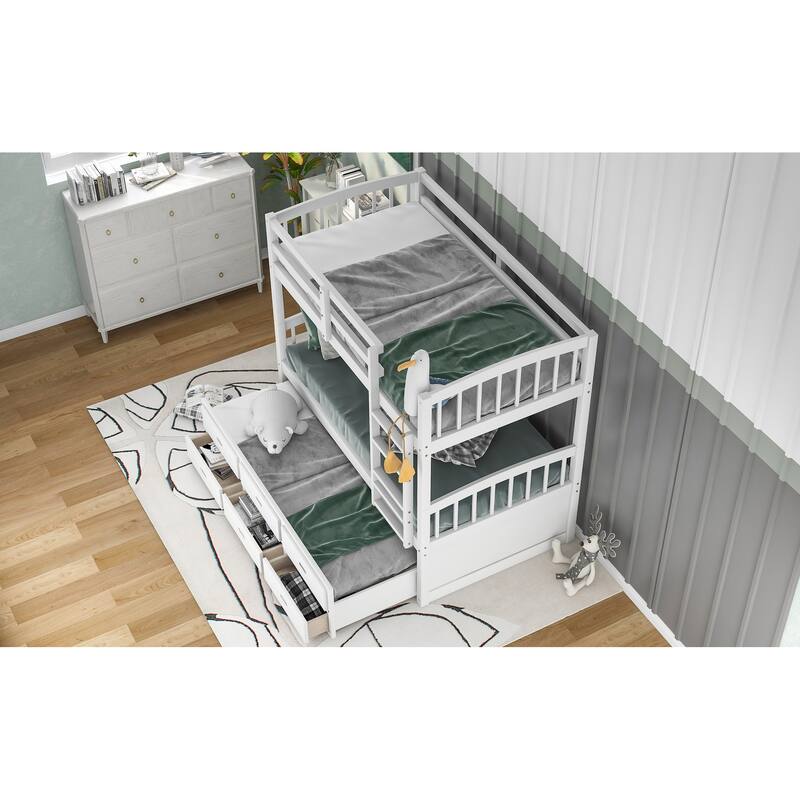 Twin Over Twin Wood Bunk Bed with Trundle and Drawers, White