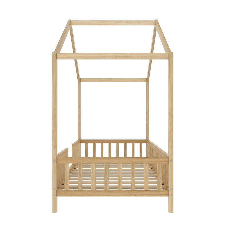 Twin Bed Frame for Kids, House Shape Toddler Bed Frame with High Railings, Wood Kids Bed with Roof