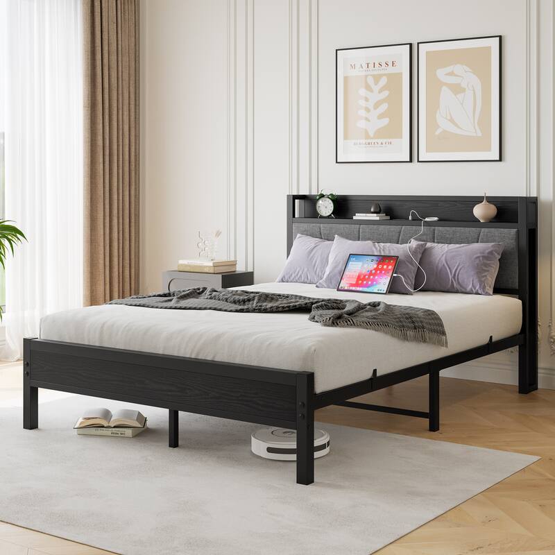 Queen Size Bed Frame with Storage Headboard, USB Ports, Charging Station, No Box Spring Needed - Black