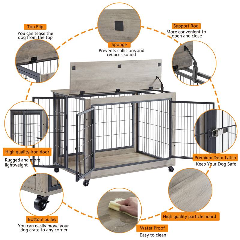 Dog Crate Side Table on Wheels with Double Doors and Lift Top.Grey,38.58''w x 25.5''d x 27.36''h