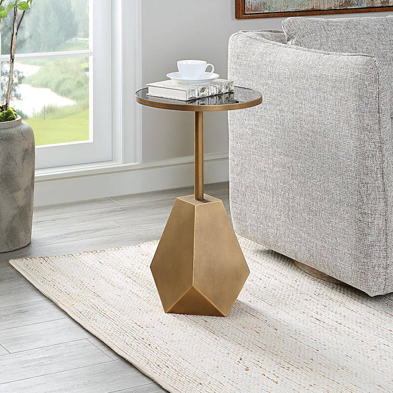 Glass Top Accent Table with Geometric Base - 24.25" - Black and Bronze