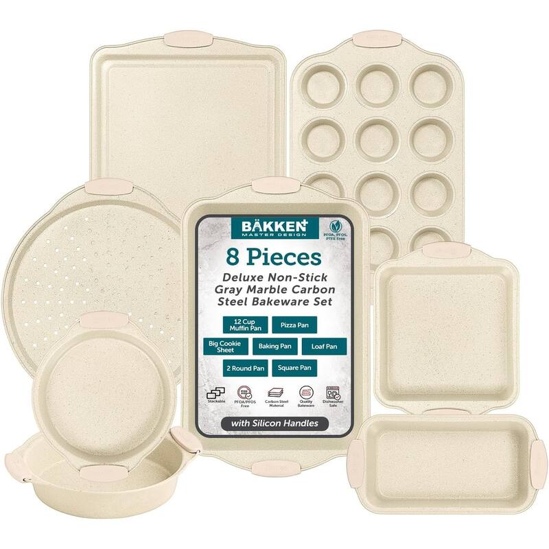 BAKKENMASTER Nonstick Baking Pan Set - Bakeware with Silicone Handles - 8 Pieces - White Marble