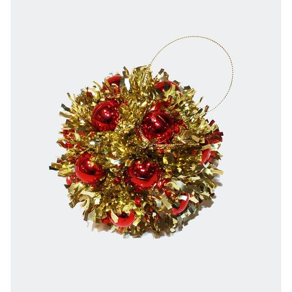 slide 2 of 2, 5" Hanging Tinsel Berry Christmas Metalic Ball Ornament, Gold/Red, Set of 3 - 5