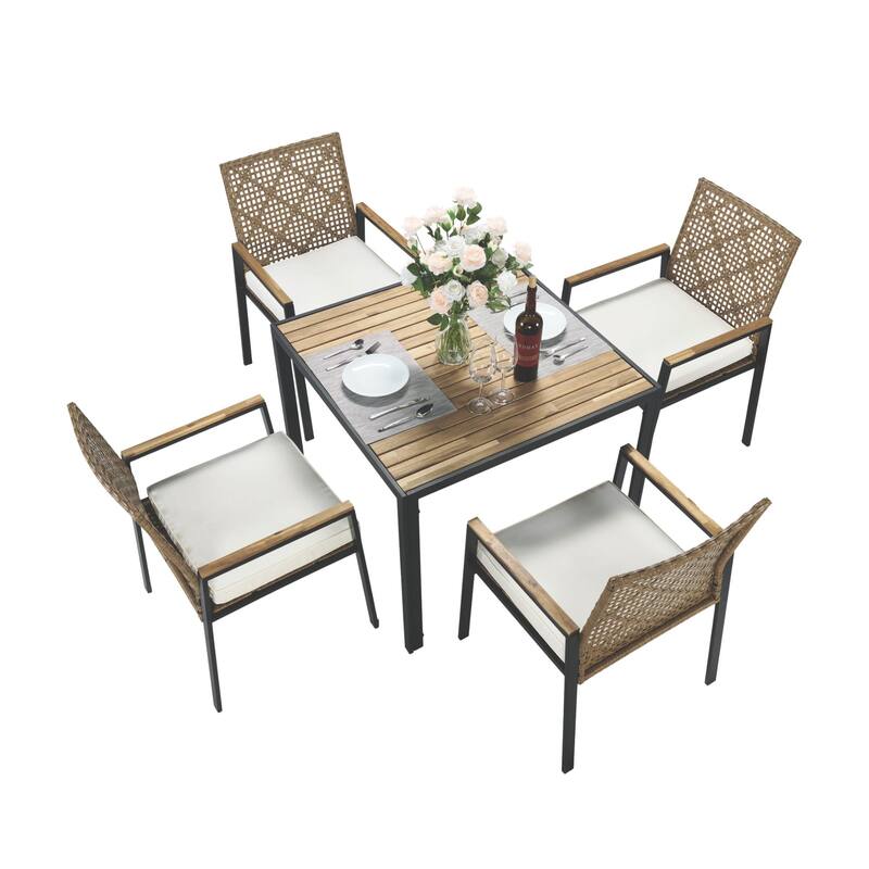 All Weather 5-Piece Patio Dining Table Sets, Patio Conversation Set Acacia Wood Table Top with Umbrella Hole, Rattan Outdoor