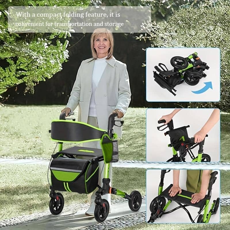 Lightweight Foldable All Terrain Rolling Walker with seat, Aluminum Walkers with 8 inch Rubber Wheels