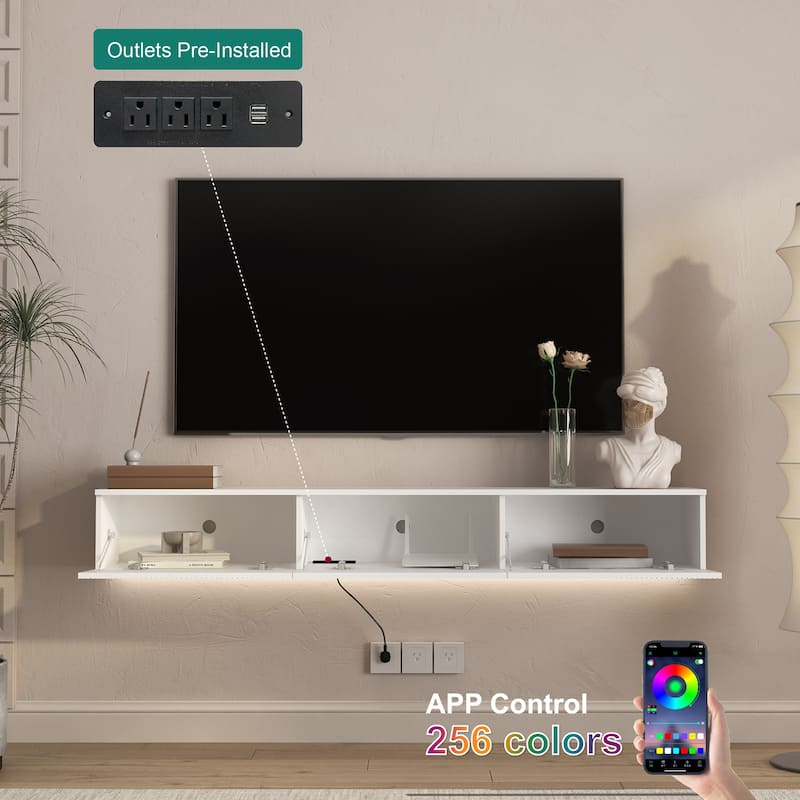 65" Floating TV Stand Wall Mounted with 16 Color LEDs, Modern Fluted TV Stand Entertainment Center for TVs Up to 65"