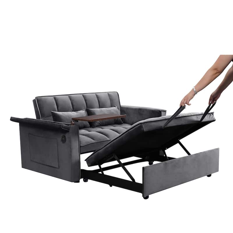 55.5" Convertible Velvet Double Sleeper Sofa Bed with Hidden Side Table