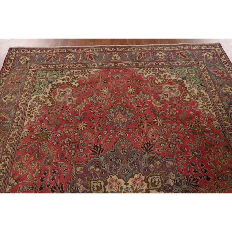 Tabriz Persian Vintage Area Rug Hand-Knotted Pink Wool Carpet - 6'8"x 9'7"