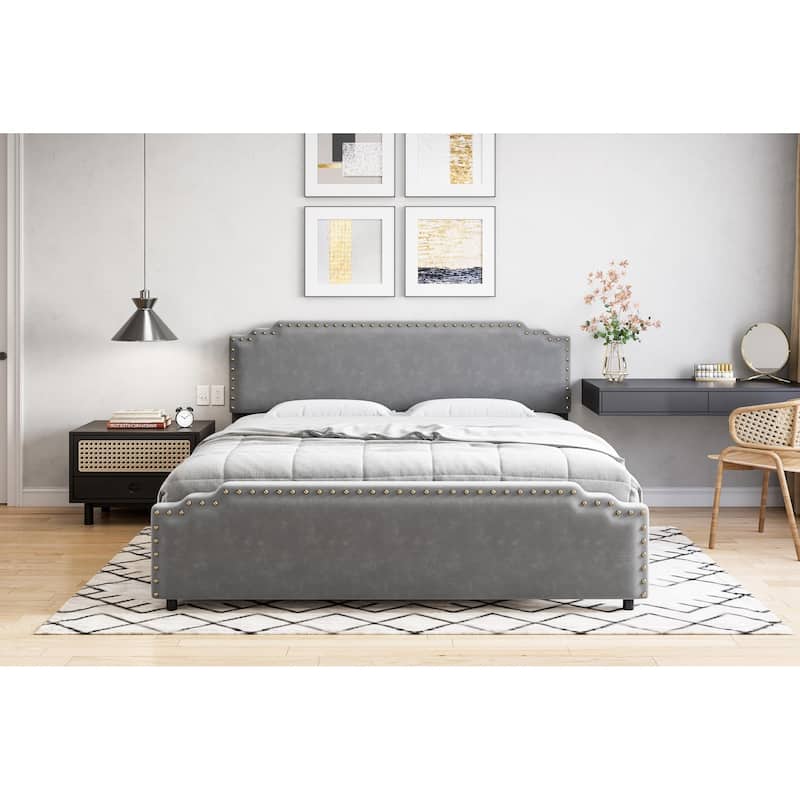 Velvet Upholstered Platform Bed Frame - Grey - King