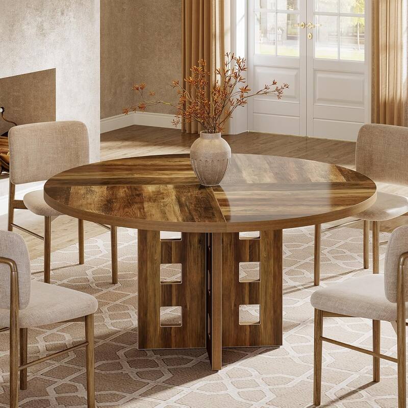 47 Inches Brown Engineered Wood Dining Table, Round Kitchen Table for 4-6 People - Brown