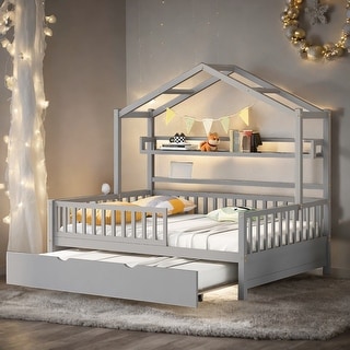 Full Size Wooden House Bed Kids Bed with Twin Size Trundle and Shelf