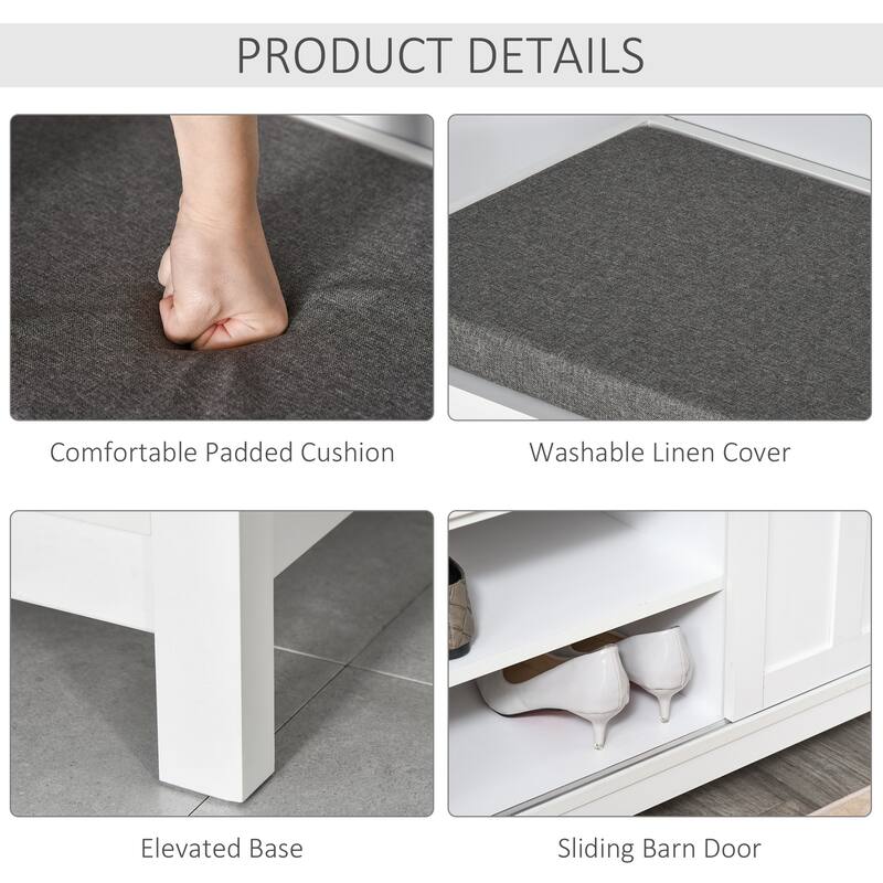 White Linen Shoe Storage Bench with Foam Seat and Sliding Doors - 44" W x 15.75" D x 19.75" H