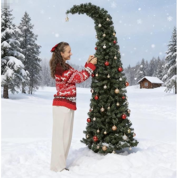 Pre-Lit Bent Top Christmas Tree - Whimsical Slim High Mountain Fir, LED Lights, Metal Stand - Green