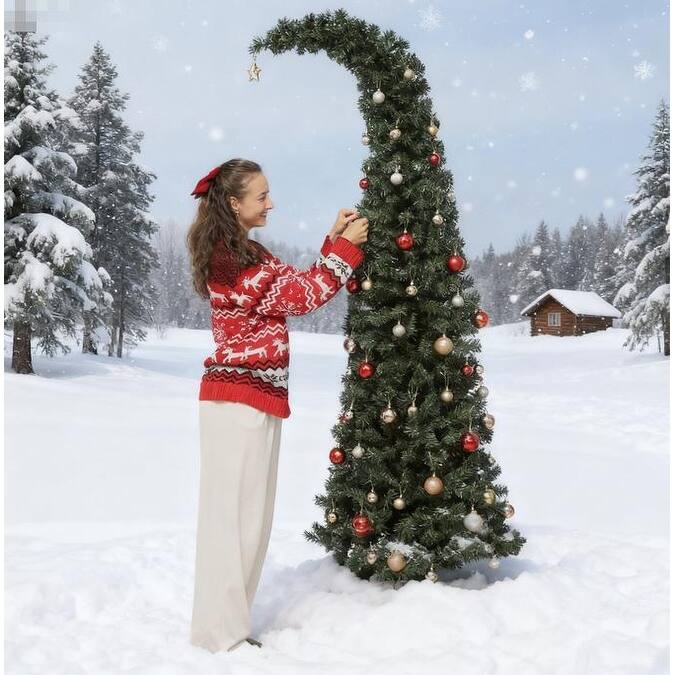 Pre-Lit Bent Top Christmas Tree - Whimsical Slim High Mountain Fir, LED Lights, Metal Stand - Green