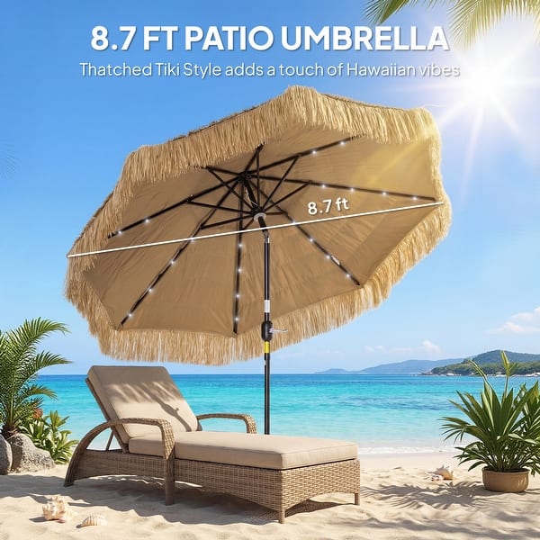 aloha patio umbrella AMMSUN 7.5ft Hula Thatched Tiki Hawaiian Style Beach Umbrella 10 Ribs UPF 50+ with Tilt Carry Bag for Patio Garde Yellow This Alpha Joy 7FT Outdoor Patio Parasol Umbrella is perfect for photography when you are camping or travelling at beach GDY 9 FT 32 LED