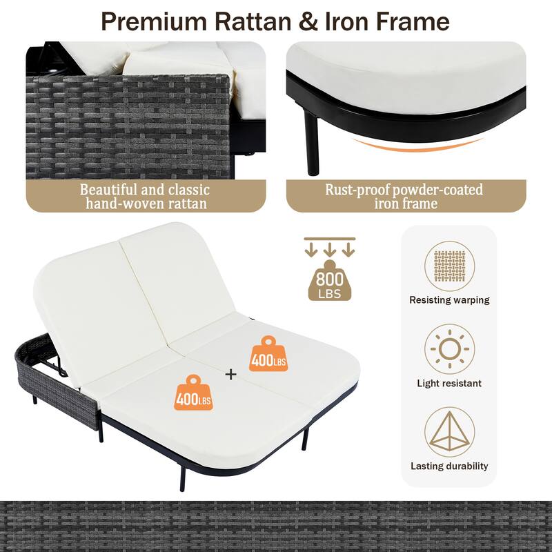 Outdoor Patio Iron Frame Double Daybed Sunbed with 5-Position Adjustable Backrest and Pillows