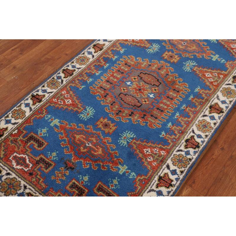 Blue Geometric Viss Indian Runner Rug Handmade Wool Carpet - 2'7"x 10'1"